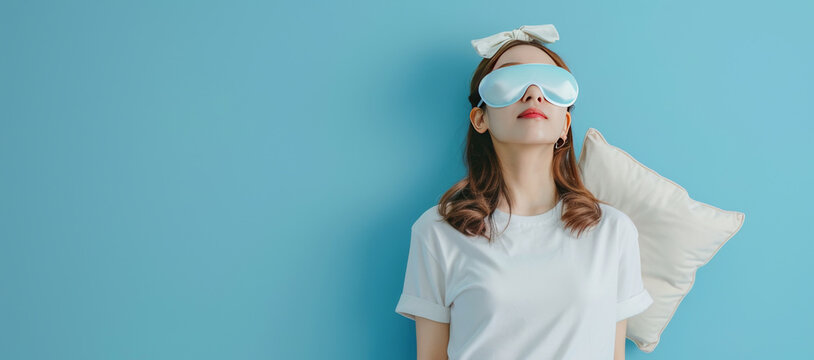 Young woman in white pajamas with pillow and sleeping mask sleeping on blue background. Healthy sleep, relaxation and comfort concept. Generative ai