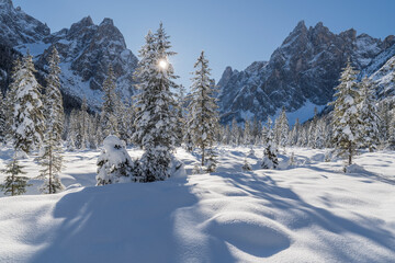 Fototapeta premium Fischleintal, Elferkofel, Einserkofel, Sexten, Südtirol, Alto Adige, Italien