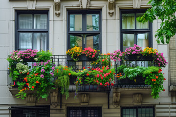 Fototapeta na wymiar The facade of a classic urban building, with window boxes full of flowers and small balconies 