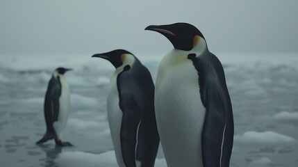 Fototapeta premium a group of penguins standing on top of an ice floese covered in snow and ice floese.