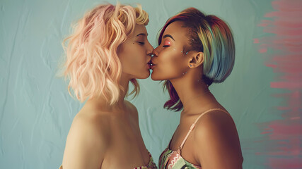 LGBTQ young woman couple kissing, romantic scene, colored hairs, young lesbians iis hugging - Powered by Adobe