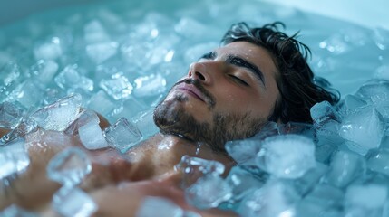 Young man relaxing ice bathing in the cold water among ice cubes, cold therapy, breathing techniques, yoga and meditation concept. Generative ai