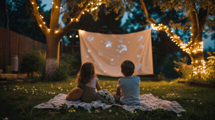 Backyard movie night under the stars. A white sheet hangs between two trees, Happy family, nestled in blankets and pillows, eating popcorn, watch a movie. Generative ai