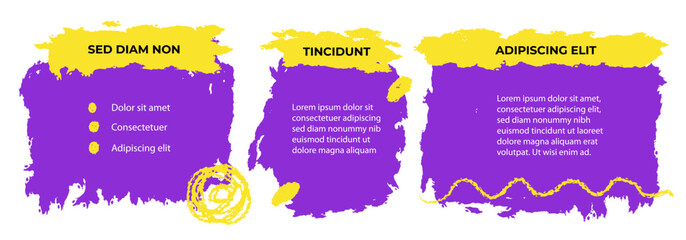 3 hand drawn text boxes collection. Data visualization. Design element for presentation with copy space. Workflow layout with list. Grunge brush strokes, textures. Frames for text. Speech bubbles