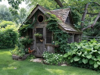 Cozy Chicken Haven - Lush Green Surroundings - Weathered Wooden Coop - Cozy Chicken Coop Nestled in Greenery, Inviting Comfort and Safety for Feathered Friends