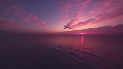 a plane flying over a body of water with a sunset in the backgrounnd of the picture and a plane flying over the water with a sunset in the backgrouund.