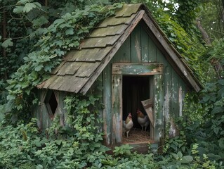 Fototapeta na wymiar Cozy Chicken Hideaway - Green Oasis Coop - Rustic Wooden Retreat - Cozy Chicken Coop Nestled Within Greenery, Made of Weathered Wood, Inviting Feathers for Nighttime Roosting