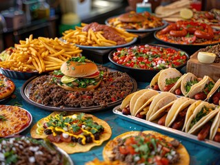 Fast Food Fiesta - Assorted Dishes on Vibrant Blue - Burgers, Fries, Hot Dogs, Pizza, and Tacos - Tempting Display Bursting with Flavor and Textures, Inviting You to Indulge in Savory Delights