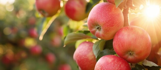Obraz premium Apples on tree branches in an orchard.