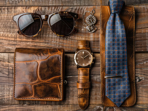 Father's Day Elegance - Men's Accessories on Rustic Wood - Watch, Wallet, Cufflinks, Tie, Sunglasses - A Stylish Ensemble for a Special Occasion