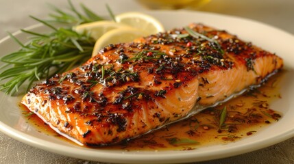 a close up of a plate of food with a piece of salmon on it and lemons on the side.