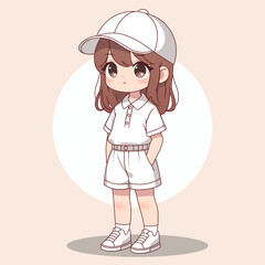 Happy chibi kawaii anime girl wearing white cap white shirt white shorts and white sneakers