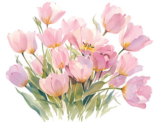 Watercolor illustration of pink tulips bouquet on white background