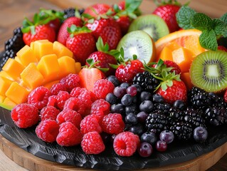 Fresh Fruits and Berries Extravaganza - Vibrant Platter with Assortment of Fresh Fruits and Berries - Colorful Bounty of Nature's Harvest