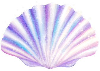 A whimsical, watercolor illustration of a fantasy seashell with iridescent pastel hues of pink, purple, and blue against a dark background with sparkles. Dreamy, magical, and ethereal.