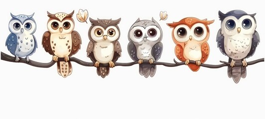 Fototapeta premium collection of cute cartoon owls on a white background set