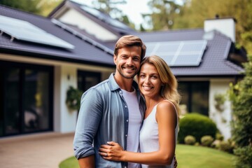 A happily married couple poses in front of their solar-panelled house