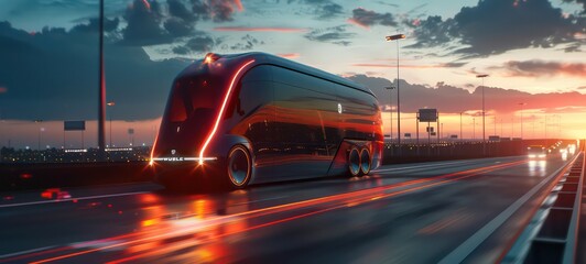 Unmanned autonomous cargo transportation. An autonomous, electric, self-driving truck moves along the road. Fast cargo delivery, transportation without drivers. 3D render, 3D illustration