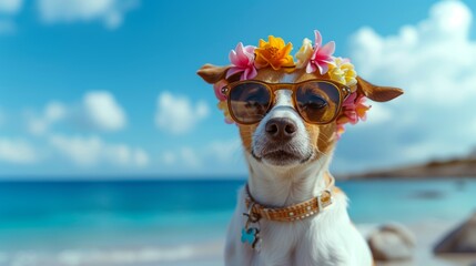 Funny dog and sunglasses poses confidently on a sunny beach, exuding summer vibes and pet fashion.