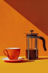 A cup of coffee next to a French press in a minimal style. Coffee break. Morning ritual