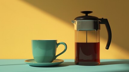 A cup of coffee next to a French press in a minimal style. Coffee break. Morning ritual