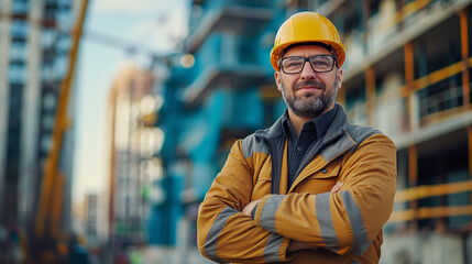 Portrait of construction engineer with helmet standing with crossed arms in front of building site. Generative AI - 753268727