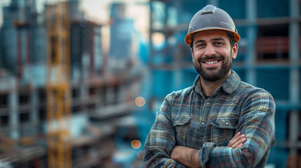 Portrait of construction engineer with helmet standing with crossed arms in front of building site. Generative AI - 753268729