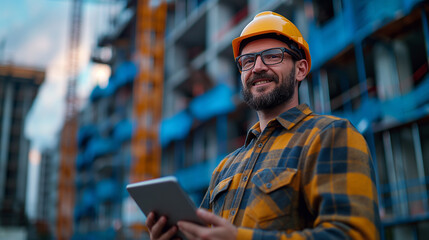 Portrait of construction engineer with helmet holding tablet in front of building site. Generative AI - 753268752