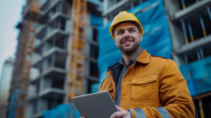 Portrait of construction engineer with helmet holding tablet in front of building site. Generative AI