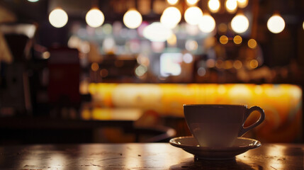 Coffee cup in a cozy cafe ambiance.