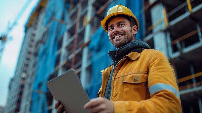 Portrait of construction engineer with helmet holding tablet in front of building site. Generative AI