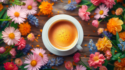 Cup of coffee on a wooden table against the background of blurred bright colorful flowers, top view