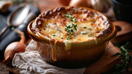 Melted cheese cascades over the side of a bowl of French onion soup, garnished with fresh herbs.