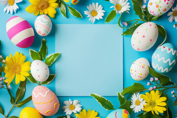 Small piece of paper with empty space surrounded by Easter eggs and spring flower blossoms. Blue background. - 753269101