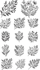 decoration elements with floral ormanents branches and leaves set
