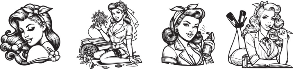 vector hand drawing pin-up girl, women beauty set