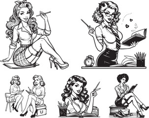 black and white illustration of pin-up teacher girls shilouette vector