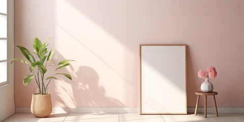Pastel floor home interior with shadow highlighted in close-up on mockup poster frame.