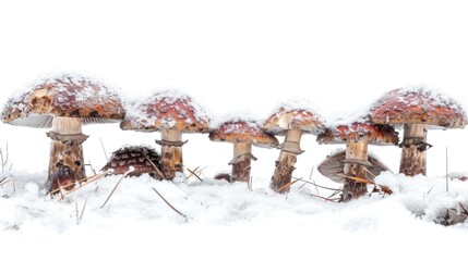 a group of mushrooms sitting next to each other on a snow covered ground in the middle of the picture is a white background.