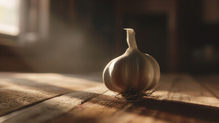 A single garlic bulb stands in a beam of sunlight on a wooden table.