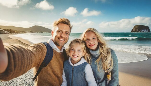 Young family with children taking selfie shot at the beach 