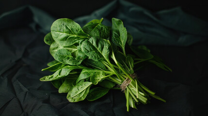 Fresh spinach leaves on a dark, textured backdrop.
