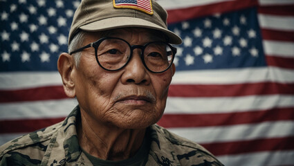 elderly veteran war hero senior asian american male old man on the background of the American flag