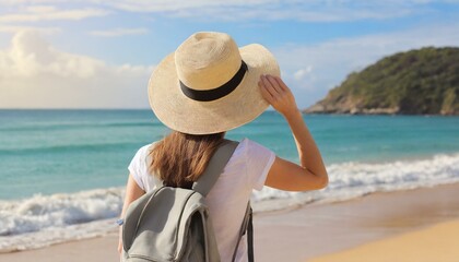 woman in hat looking on tropical beach