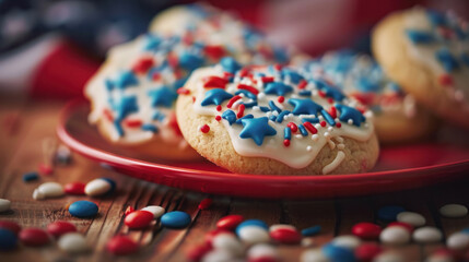 Fototapeta na wymiar Sugar cookies topped with blue and red sprinkles and white icing.