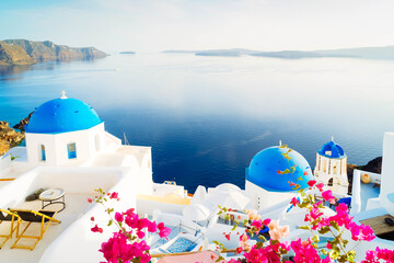 white church belfry, blue domes and volcano caldera with sea landscape, beautiful details of...