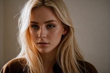 Naklejka premium Portrait of a young girl in interior with sun-lit blond hair