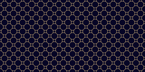 Luxury golden circle mesh texture. Vector minimalist seamless pattern with circular grid, thin curved lines, lattice, net. Simple geometric background. Elegant black and gold ornament. Repeat design