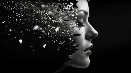 Side view of a woman's face dissolves into white particles that fly in the wind, isolated on a black background