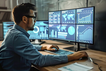 A digital marketing strategist analyzes data analytics on multiple screens, devising online campaigns, optimizing SEO, and enhancing social media presence for brand engagement.